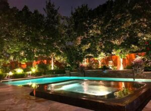 backyard pool with lit up plants
