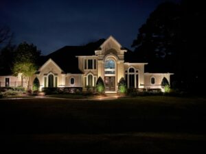 Outdoor lighting on a beautiful house.