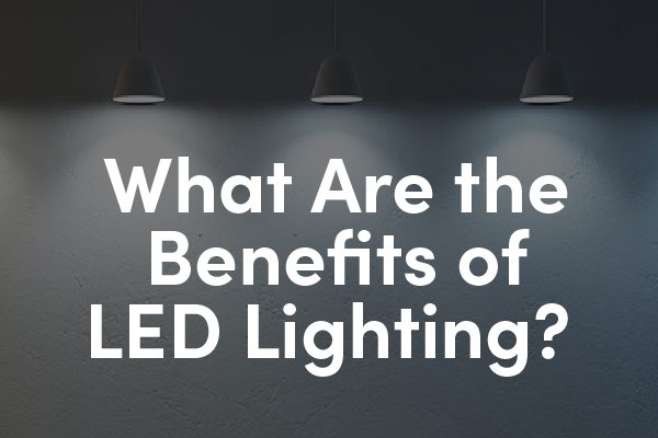 A picture of recessed lights with the words, "what are the benefits of LED lighting"